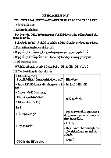 Kế hoạch bài dạy Tiếng Việt 2 - Tuần 24, Tiết 239: Luyện tập: Viết đoạn văn kể về hoạt động của con vật