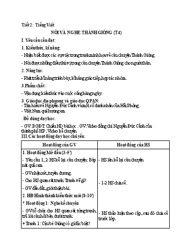 Kế hoạch bài dạy Tiếng Việt 2 - Tuần 32: Nói và nghe: Thánh Gióng (Tiết 4)