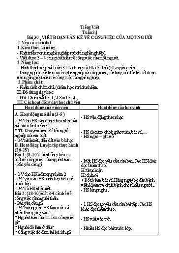 Kế hoạch bài dạy Tiếng Việt 2 - Tuần 34, Bài 30: Viết đoạn văn kể về công việc của một người