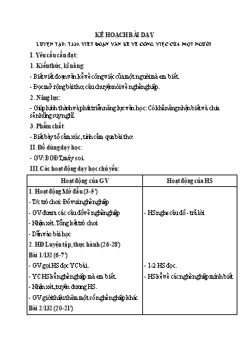 Kế hoạch bài dạy Tiếng Việt 2 - Tuần 34, Tiết 339: Luyện tập: Viết đoạn văn kể về công việc của một người