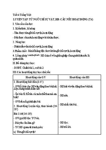 Kế hoạch bài dạy Tiếng Việt 2 - Tuần 5: Luyện tập: Từ ngữ chỉ sự vật, hoạt động. Câu nêu hoạt động (Tiết 4)