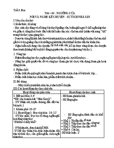 Kế hoạch bài dạy Tiếng Việt 3 - Tuần 10, Tiết 64+65: Bài thơ Ngưỡng cửa. Nói và nghe: Kể chuyện Sự tích nhà sàn