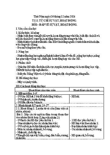 Kế hoạch bài dạy Tiếng Việt 3 - Tuần 16, Tiết 111: Từ chỉ sự vật, hoạt động. Hỏi - đáp về sự vật, hoạt động