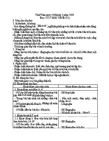Kế hoạch bài dạy Tiếng Việt 3 - Tuần 19, Tiết 127: Tập đọc: Bầu trời (Tiết 1)
