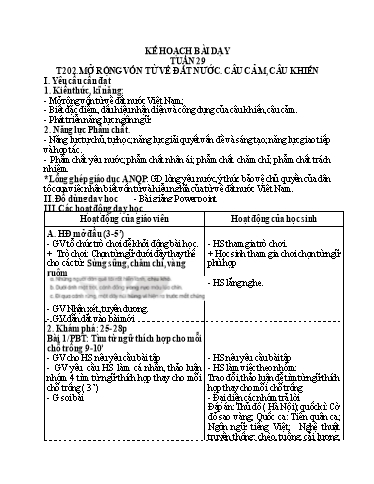Kế hoạch bài dạy Tiếng Việt 3 - Tuần 29, Tiết 202: Luyện từ và câu: MRVT về đất nước. Câu cảm, câu khiến
