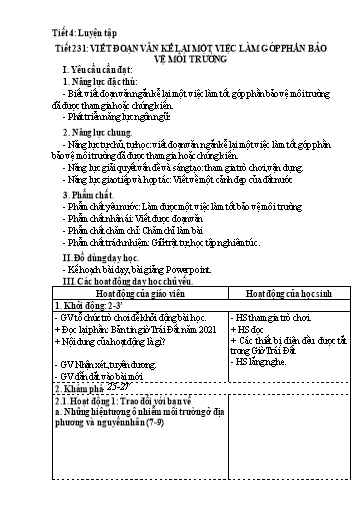 Kế hoạch bài dạy Tiếng Việt 3 - Tuần 34, Tiết 231: Viết đoạn văn kể lại một việc làm góp phần bảo vệ môi trường