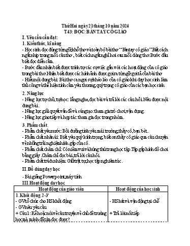 Kế hoạch bài dạy Tiếng Việt 3 - Tuần 7, Tiết 43: Tập đọc: Bàn tay cô giáo