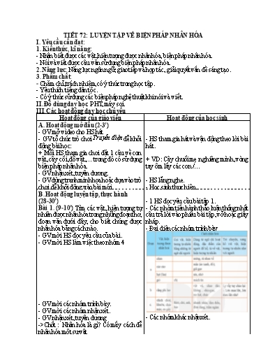 Kế hoạch bài dạy Tiếng Việt 4 - Tuần 11, Tiết 72: Luyện tập về biện pháp nhân hóa