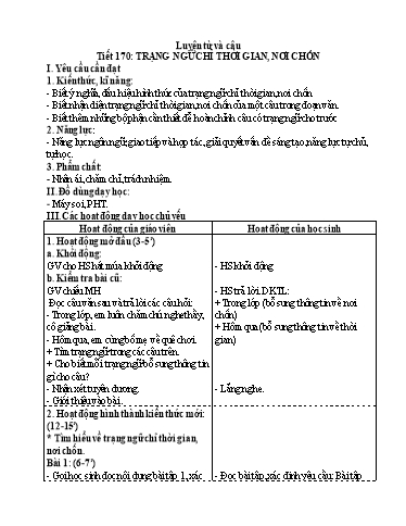 Kế hoạch bài dạy Tiếng Việt 4 - Tuần 26, Tiết 170: Trạng ngữ chỉ thời gian, nơi chốn