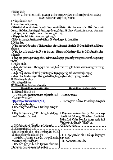 Kế hoạch bài dạy Tiếng Việt 5 - Tiết 157: Viết: Tìm hiểu cách viết đoạn văn thể hiện tình cảm, cảm xúc về một sự việc