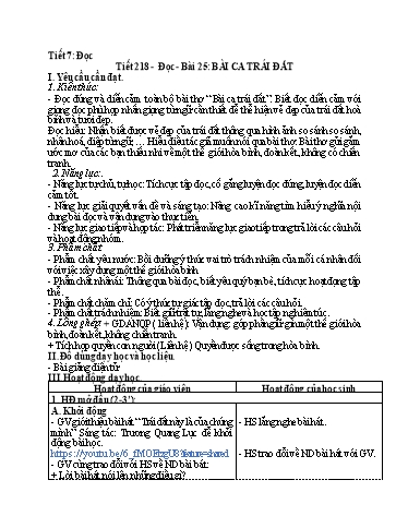 Kế hoạch bài dạy Tiếng Việt 5 - Tiết 218, Bài 25: Tập đọc: Bài ca Trái Đất