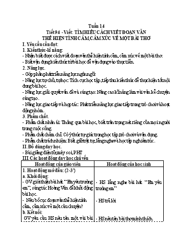 Kế hoạch bài dạy Tiếng Việt 5 - Tuần 14, Tiết 94: Viết: Tìm hiểu cách viết đoạn văn thể hiện tình cảm, cảm xúc về một bài thơ