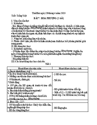 Kế hoạch bài dạy Tiếng Việt Lớp 1 - Tuần 32, Bài 7: Hoa phượng