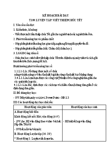 Kế hoạch bài dạy Tiếng Việt Lớp 2 - Tuần 20, Tiết 199: Luyện tập: Viết thiệp chúc Tết