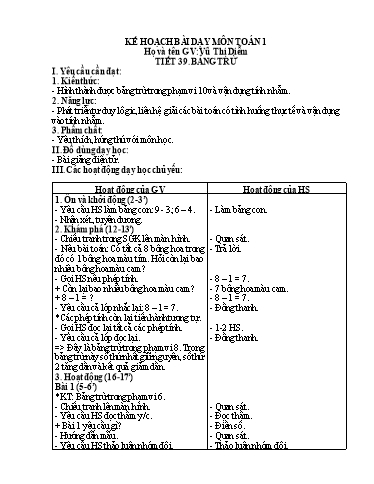 Kế hoạch bài dạy Toán 1 - Tuần 13, Tiết 39: Bảng trừ