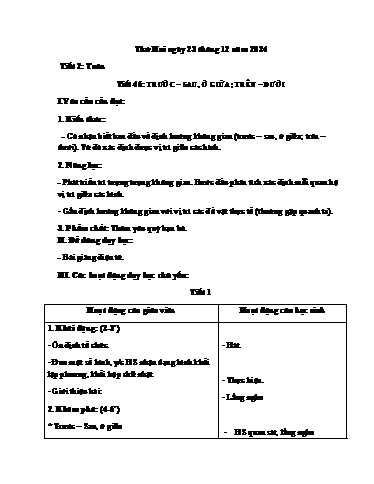 Kế hoạch bài dạy Toán 1 - Tuần 16, Bài 15: Trước - Sau, ở giữa. Trên - Dưới (Tiết 1)