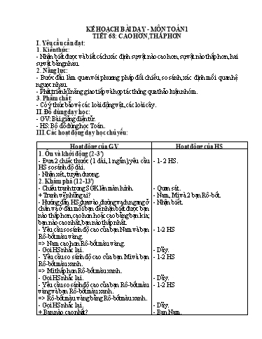 Kế hoạch bài dạy Toán 1 - Tuần 23, Tiết 68: Cao hơn, thấp hơn