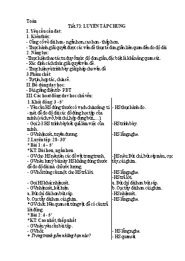 Kế hoạch bài dạy Toán 1 - Tuần 25, Tiết 73: Luyện tập chung