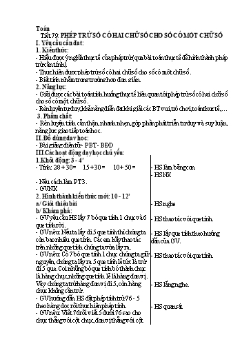 Kế hoạch bài dạy Toán 1 - Tuần 27, Tiết 79: Phép trừ số có hai chữ số cho số có một chữ số