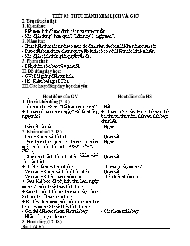 Kế hoạch bài dạy Toán 1 - Tuần 31, Tiết 93: Thực hành xem lịch và giờ