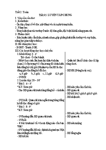 Kế hoạch bài dạy Toán 1 - Tuần 32, Tiết 95: Luyện tập chung