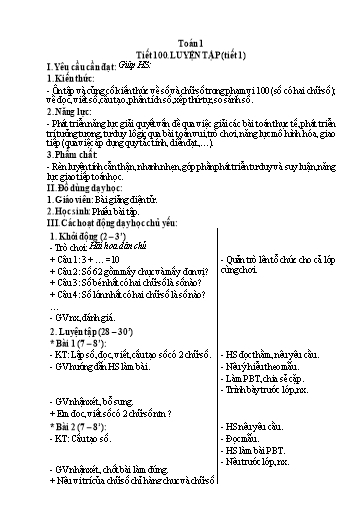 Kế hoạch bài dạy Toán 1 - Tuần 34, Tiết 100: Luyện tập (Tiết 1)