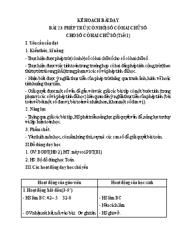Kế hoạch bài dạy Toán 2 - Bài 23: Phép trừ (có nhớ) số có hai chữ số cho số có hai chữ số (Tiết 1)
