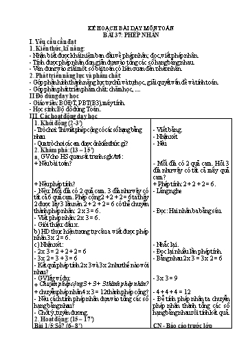 Kế hoạch bài dạy Toán 2 - Bài 37: Phép nhân