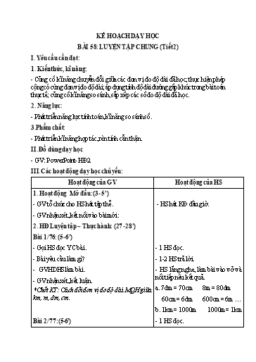 Kế hoạch bài dạy Toán 2 - Bài 58: Luyện tập chung (Tiết 2)