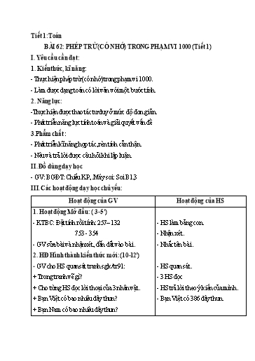 Kế hoạch bài dạy Toán 2 - Bài 62: Phép trừ (có nhớ) trong phạm vi 1000 (Tiết 1)