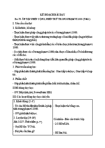 Kế hoạch bài dạy Toán 2 - Bài 70: Ôn tập phép cộng, phép trừ trong phạm vi 1000 (Tiết 1)