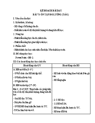 Kế hoạch bài dạy Toán 2 - Bài 73: Ôn tập đo lường (Tiết 1)