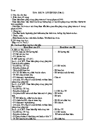Kế hoạch bài dạy Toán 2 - Tiết 164, Bài 70: Luyện tập (Tiết 2)