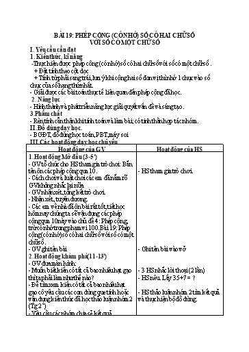 Kế hoạch bài dạy Toán 2 - Tuần 10, Bài 19: Phép cộng (có nhớ) số có hai chữ số với số có một chữ số