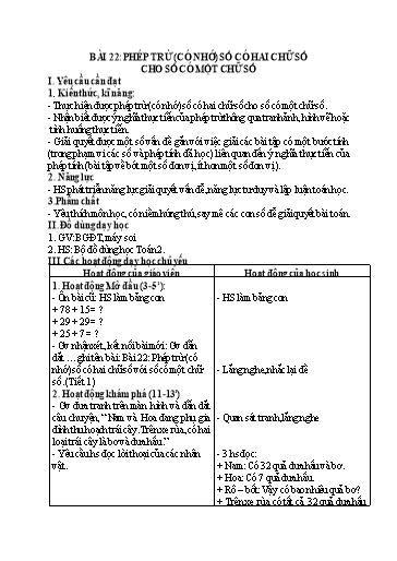 Kế hoạch bài dạy Toán 2 - Tuần 12, Bài 22: Phép trừ (có nhớ) số có hai chữ số cho số có một chữ số