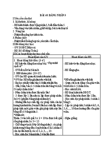 Kế hoạch bài dạy Toán 2 - Tuần 20, Bài 40: Bảng nhân 5