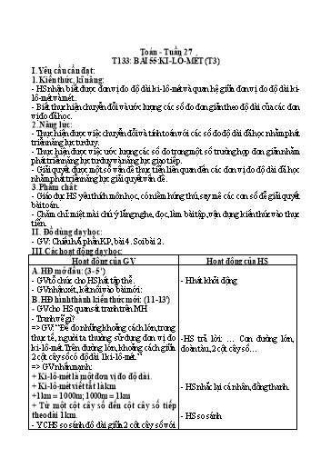 Kế hoạch bài dạy Toán 2 - Tuần 27, Bài 55: Ki-lô-mét (Tiết 3)