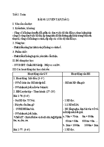 Kế hoạch bài dạy Toán 2 - Tuần 28, Bài 58: Luyện tập (Tiết 2)