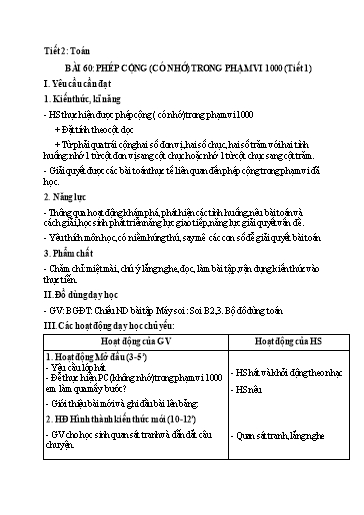 Kế hoạch bài dạy Toán 2 - Tuần 29, Bài 60: Phép cộng (có nhớ) trong phạm vi 1000 (Tiết 1)