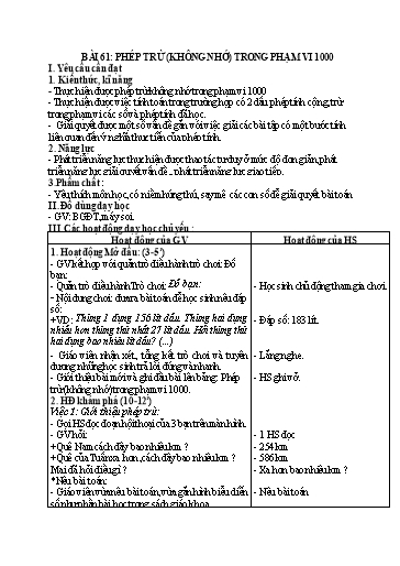 Kế hoạch bài dạy Toán 2 - Tuần 29, Bài 61: Phép trừ (không nhớ) trong phạm vi 1000