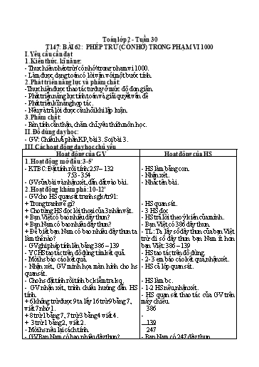 Kế hoạch bài dạy Toán 2 - Tuần 30, Bài 62: Phép trừ (có nhớ) trong phạm vi 1000