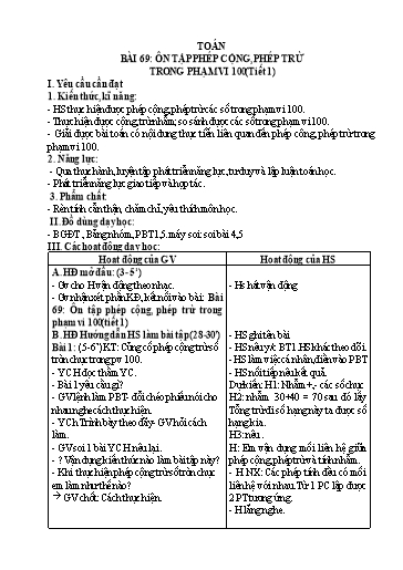 Kế hoạch bài dạy Toán 2 - Tuần 30, Bài 69: Ôn tập phép cộng, phép trừ trong phạm vi 100 (Tiết 1)