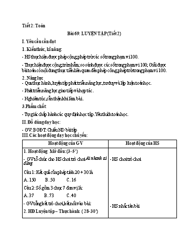 Kế hoạch bài dạy Toán 2 - Tuần 33, Bài 69: Luyện tập (Tiết 2)