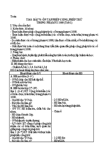Kế hoạch bài dạy Toán 2 - Tuần 33, Bài 70: Ôn tập phép cộng, phép trừ trong phạm vi 1000 (Tiết 1)