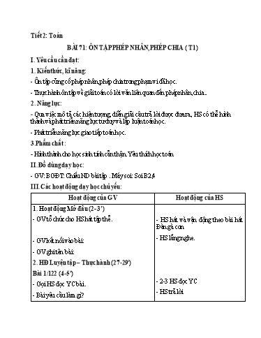 Kế hoạch bài dạy Toán 2 - Tuần 34, Bài 71: Ôn tập phép nhân, phép chia (Tiết 1)