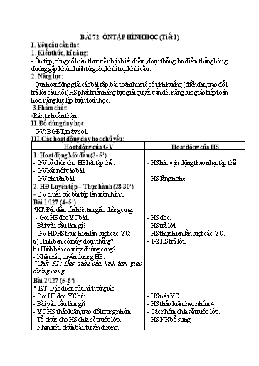 Kế hoạch bài dạy Toán 2 - Tuần 34, Bài 72: Ôn tập hình học (Tiết 1)