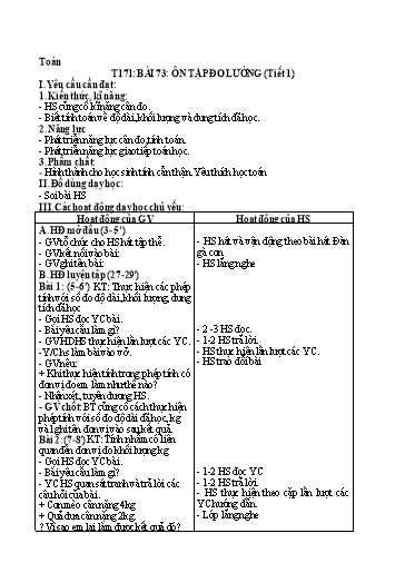 Kế hoạch bài dạy Toán 2 - Tuần 35, Bài 73: Ôn tập đo lường (Tiết 1)