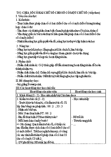 Kế hoạch bài dạy Toán 3 - Tiết 52, Bài: Chia số có hai chữ số cho số có một chữ số (Tiếp theo)