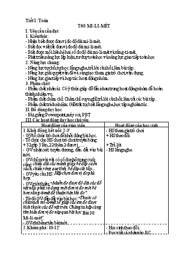 Kế hoạch bài dạy Toán 3 - Tiết 60, Bài: Mi-li-mét