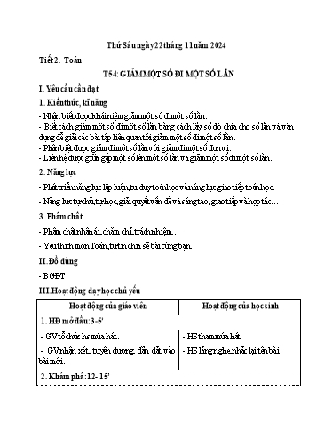 Kế hoạch bài dạy Toán 3 - Tuần 11, Bài 27: Giảm một số đi một số lần